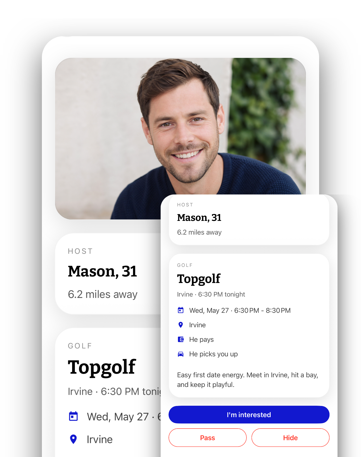 Rove app screen for posting a date plan
