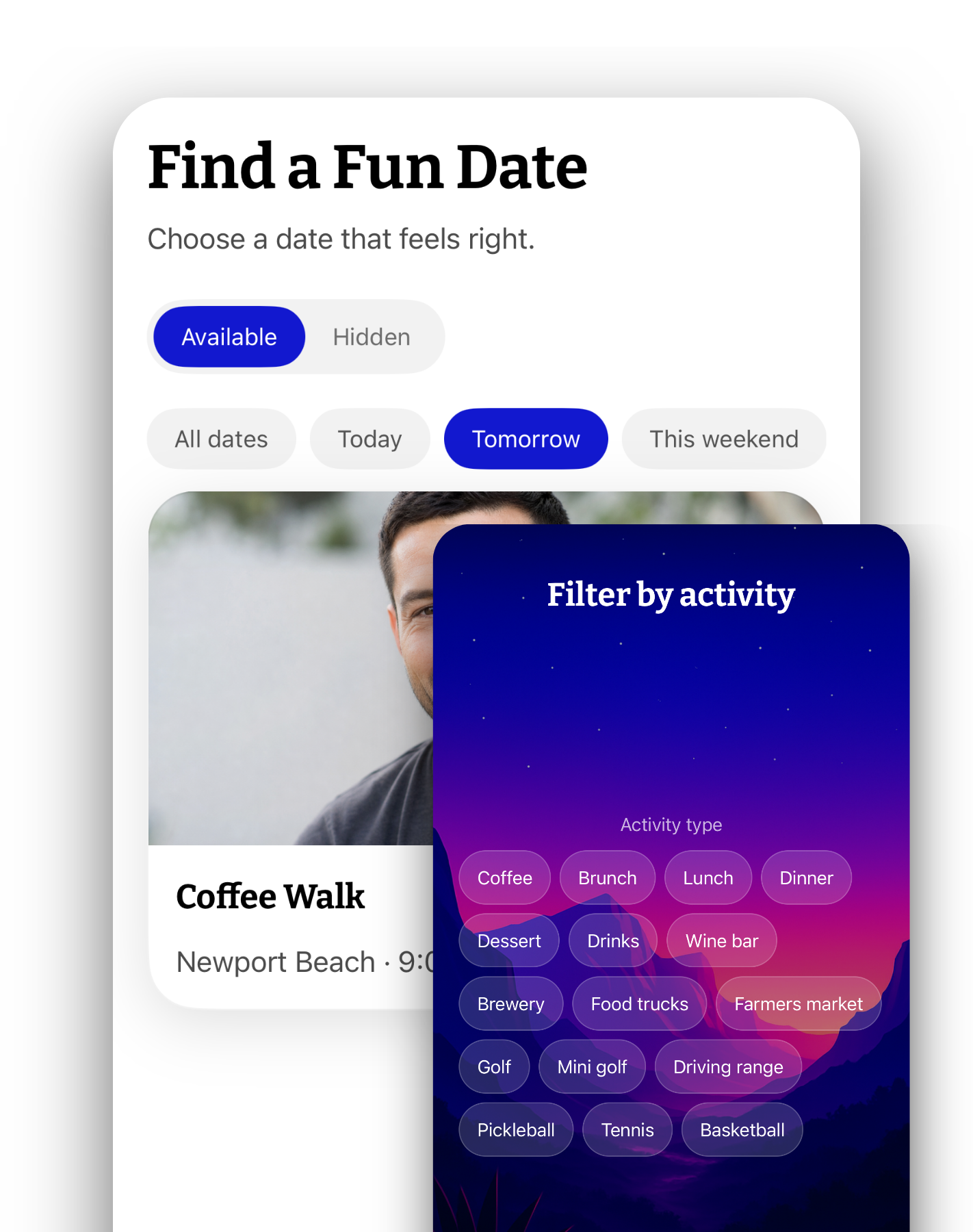Rove app screen for browsing nearby date plans