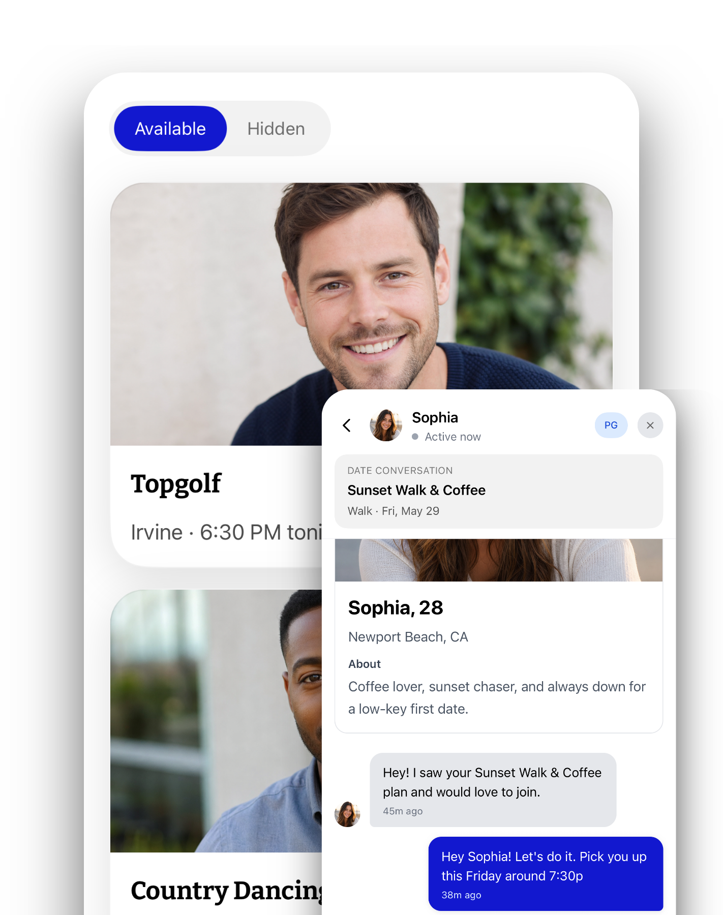 Rove app screen showing an accepted date and chat